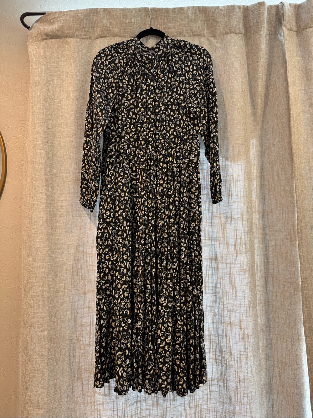 Zara Black and Cream Floral Long Sleeve Midi Dress